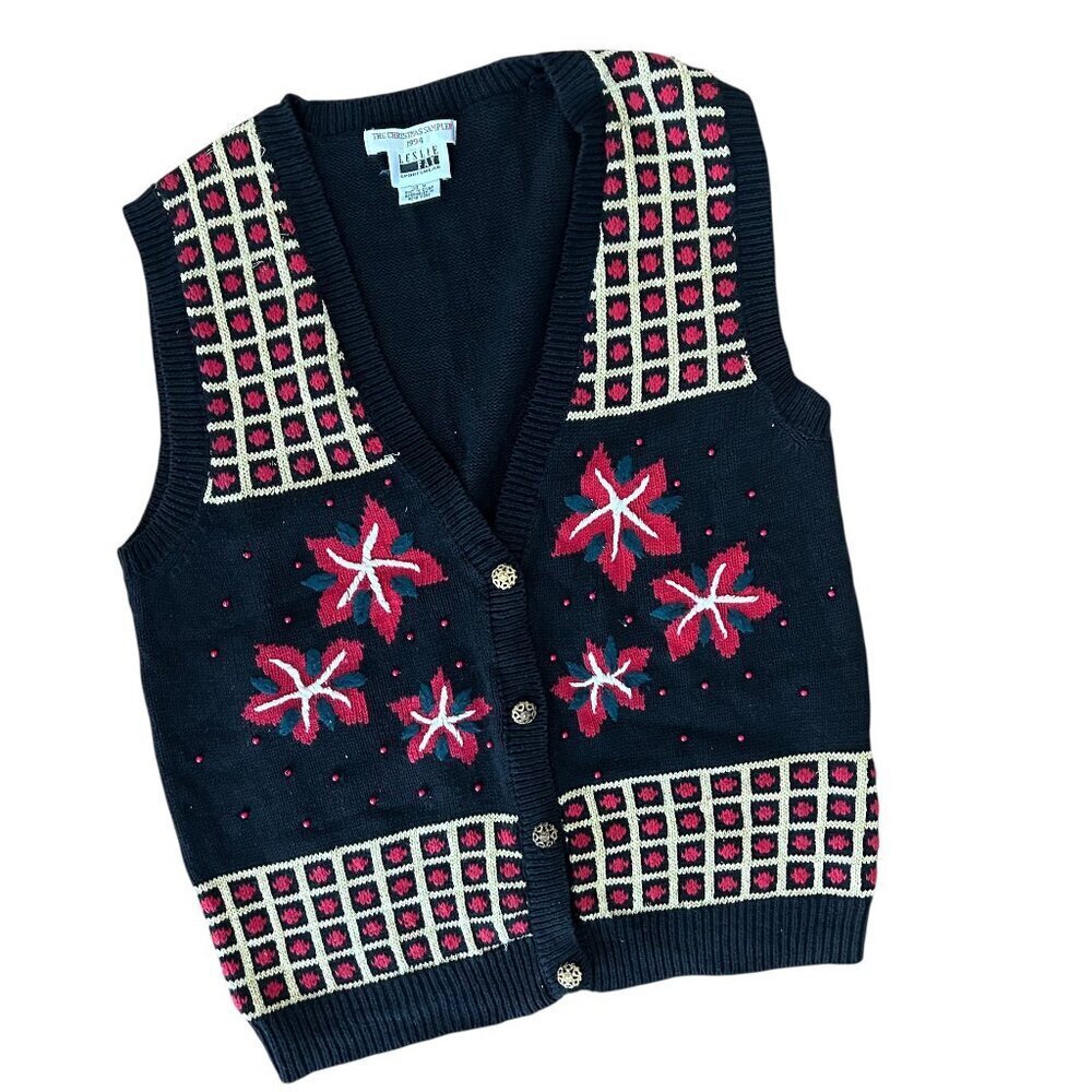 Vintage 90s Leslie Fay The Christmas Sampler Sweater Vest Size Medium Embroidere